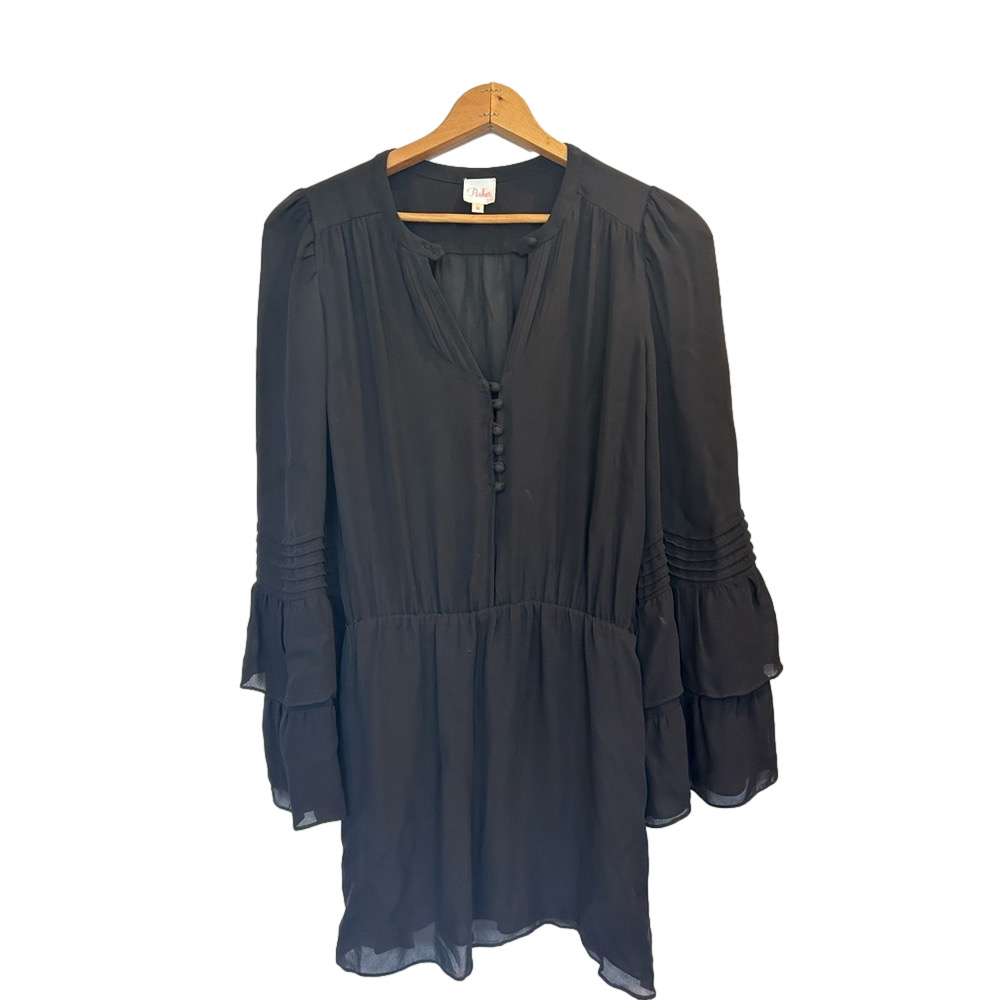 Parker Black 100% Silk Long Sleeve Mini Dress V-Neck Button Ruched Waist M